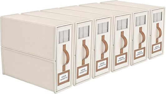6 Pack Foldable Bed Sheets Set Organizers and Storage(King & Queen Size),Linen Fabric Closet Organizers with Window,Folding Bedding Storage Box for Bedsheets and Pillow Cube Organizer-Beige