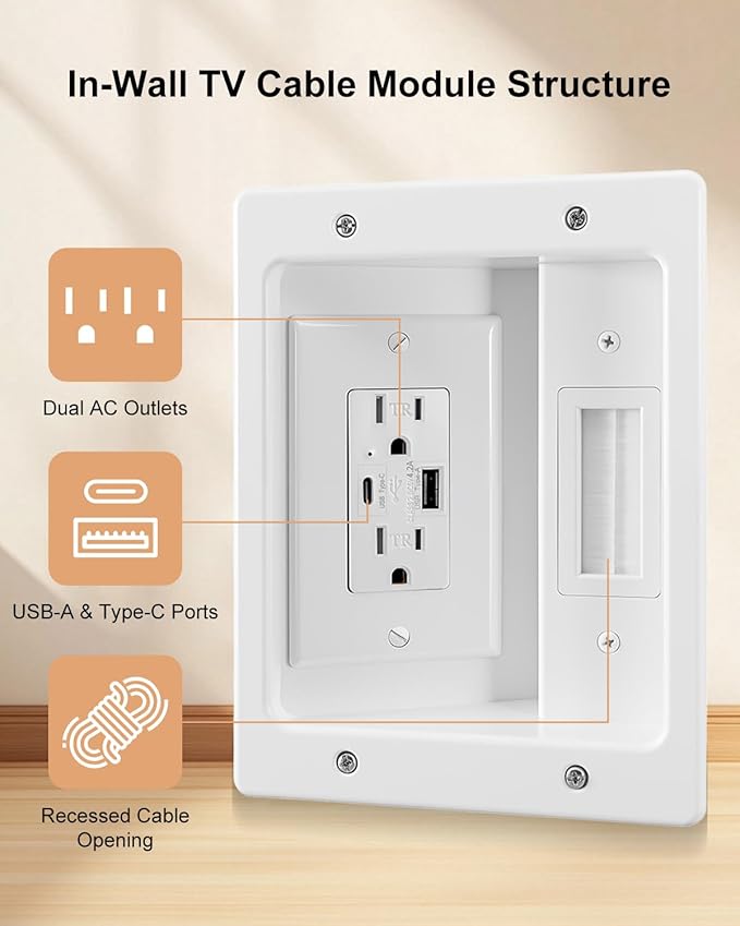 TV Cord Hider for Wall Mounted TV with Recessed Wall Outlet, in-Wall Cable Management Kit with 9.84ft Cord, DIY Installation Kit with Hardware, for Workspace Living Room (2AC + USB-A + USB C)