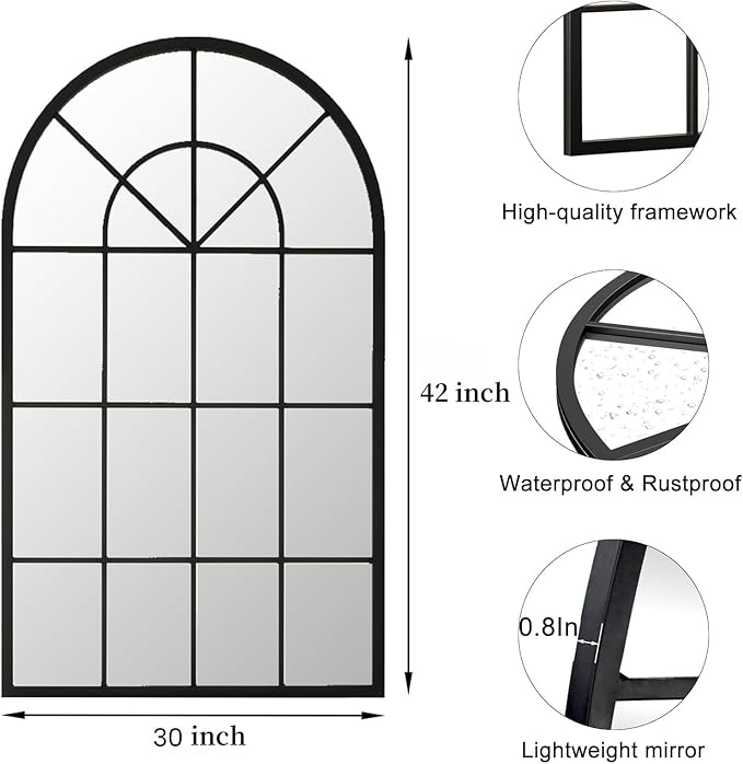 Arch Wall Mirror Mounted Decorative, 30"x42", Arched Window Pane Mirror for Wall-Mounted for Entryway, Bathroom Vanity, Living Room or Bedroom, Iron Frame, Black