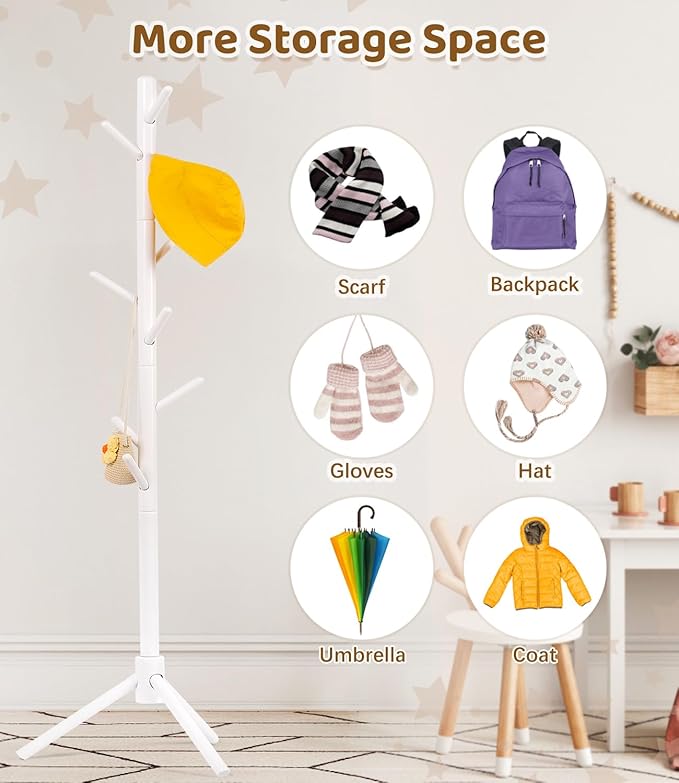Beech Wood Kids Coat Rack - Adjustable Height Stand with 9 Hooks, Freestanding Children's Clothing Organizer for Hallway, Bedroom, Easy Assembly, White