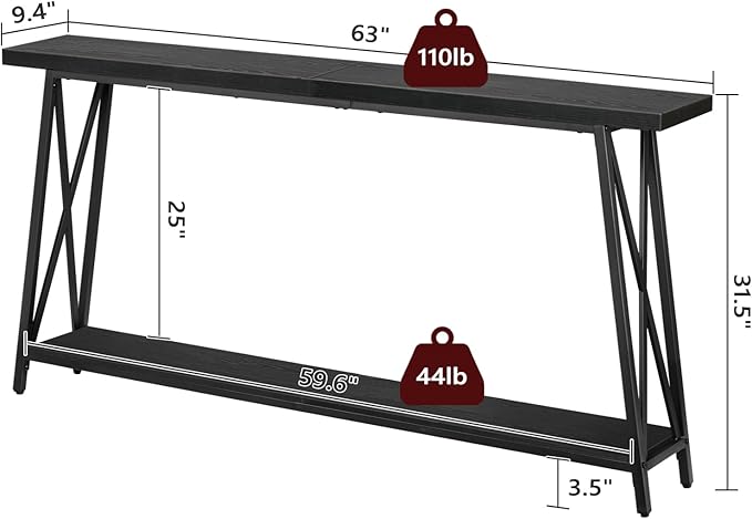 MAHANCRIS Console Table, 63" Industrial Entryway Table, Extra Long 2-Tier Sofa Table Behind Couch, X-Shaped Support, for Entryway, Hallway, Living Room, Black CTHB4801