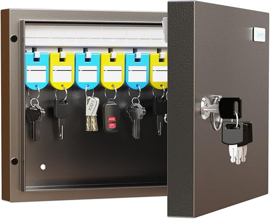 16 Key Lock Box – Wall Mounted Key Cabinet with Magnetic Door & Key Tags, Steel Lockable Key Organizer for Home, Garage & Small Office
