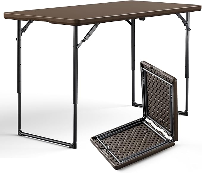 Folding Table 4FT Heavy Duty Plastic Table with Handle, Foldable&Portable, Fold-in-Half Utility Tables for Outdoor, Dining, Wedding, Events, Indoor, Picnic, Camping, Party, Brown