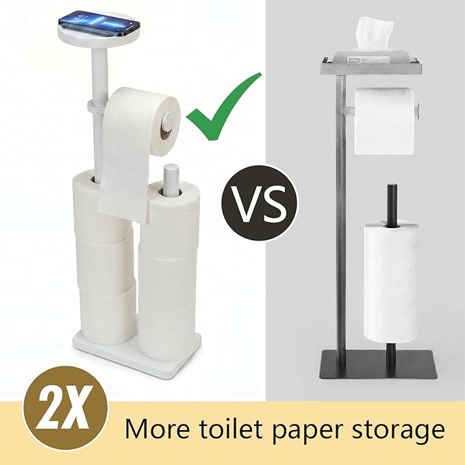Toilet Paper Holders Free Standing, Holds up to 7 Rolls Toilet Paper Stand with Storage, Bathroom Toilet Paper Organizer with Top Shelf for Small Items, 1-Min Rotating-Lock Assembly, White,L