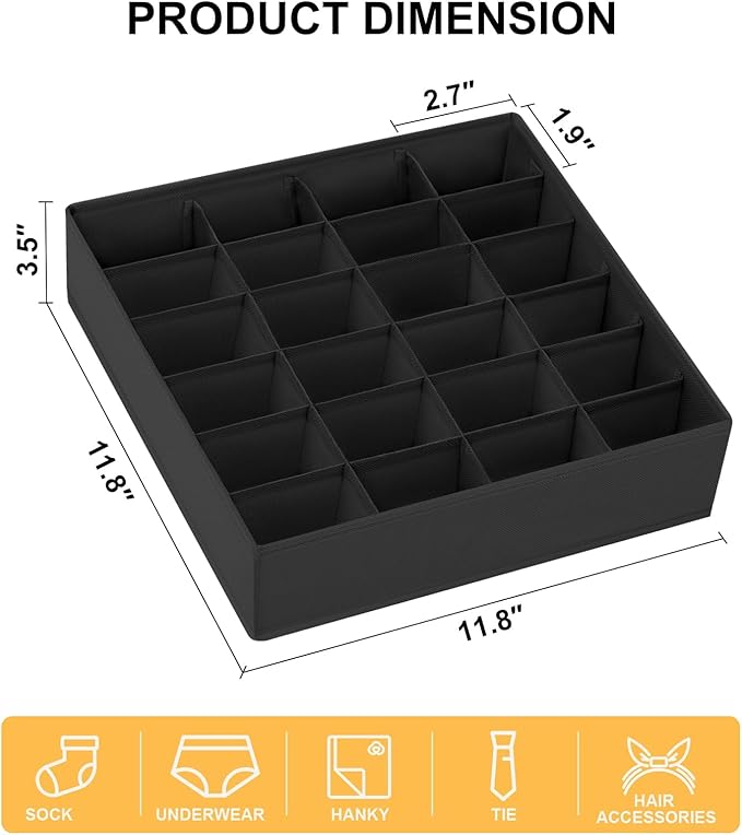 Underwear Organizer 4 Pack, 24 Cell Sock Drawer Organizer Divider, Sock and Underwear Drawer Organizer Foldable Tie Organizer for Socks, Underwear, Belts, Ties. (Black)