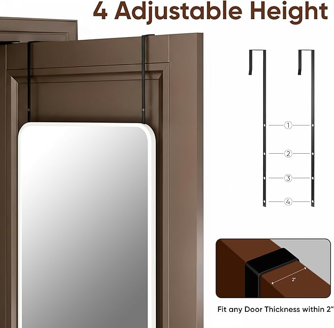Antok 48''x 14'' Full Length Mirror Over Door, 4-in-1 Standing Leaning Wall Mounted, Adjustable Hanging Mirror for Bedroom Living Room, White, Rounded Corner
