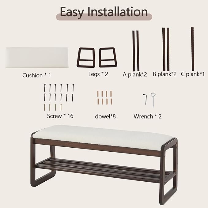 Achicsofar Shoe Rack Bench,2 Tier Solid Wooden Entryway Bench with Shoe Storage, Shoe Rack with Cushion for Living Room, Hallway(Cream White, 39.4")
