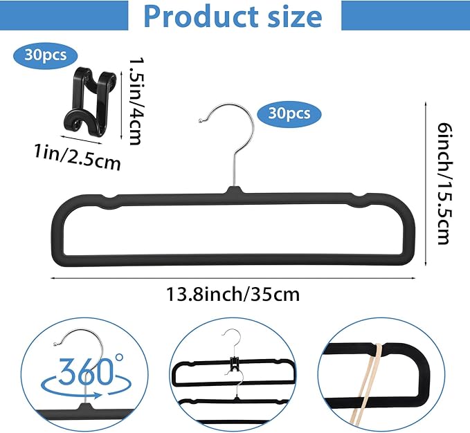 30 Pack Velvet Pants Hangers Non Slip, Black Flocked Trouser Hangers with Swivel Hook, Space Saving Slim Clothes Hanger for Closet, Jeans, Shirts and Dresses