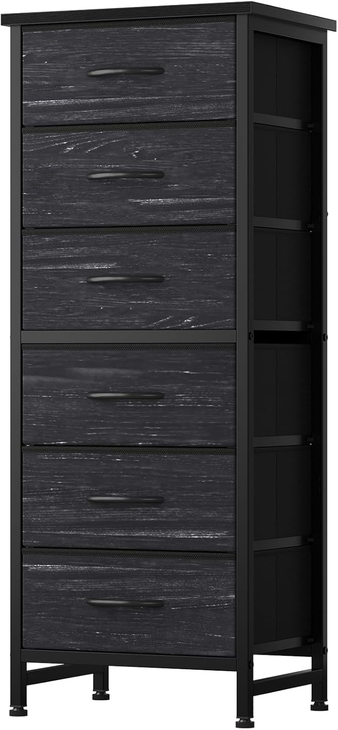 Sweetcrispy Tall Fabric Dresser for Bedroom, 6 Drawer Skinny Chest of Drawers, Narrow Storage Tower with Wood Top and Metal Frame,Bedroom Organization Furniture, Black Wood Grain