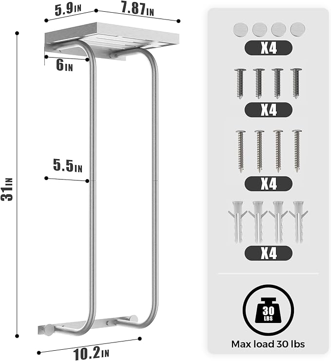 31" Towel Racks for Bathroom, Heavy-Duty Stainless Steel Holds 6 Large Rolled Towels,Wall Mounted Towel Holder with Shelf & Hooks,Extra-Wide Opening Wall Storage for Small Bathroom, Brushed Nickel