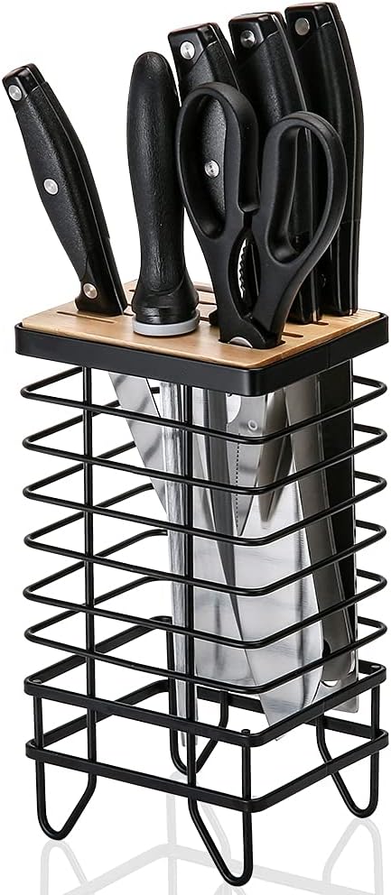 LINFIDITE Knife Block Holder Universal Kitchen Knife Organizer Storage Stand 8 Slots Top Hollow Iron Wire Safe to Use Different Size Shape Knife Sharpeners Scissors Kitchen Countertop Black