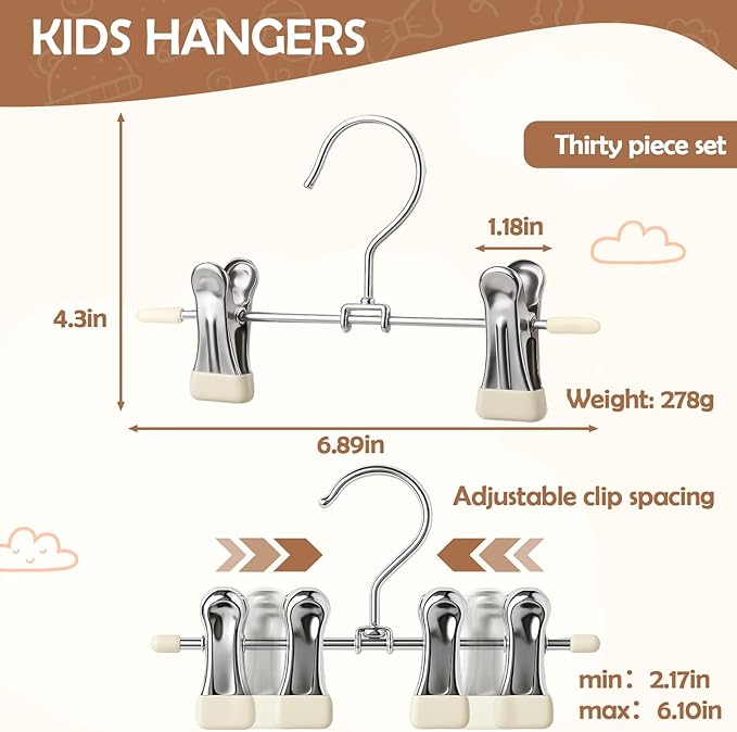 Mity rain 30-Pack Baby Hangers - 360° Rotatable Silicone Clip Kid Hangers, Space-Saving Toddler Hanger,Premium Stainless Steel, Ideal for Newborn & Children Wardrobe Organization.