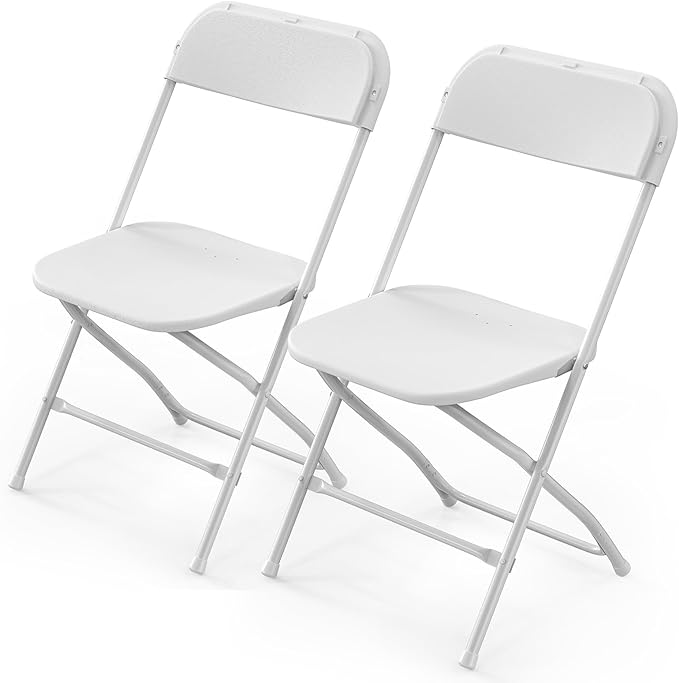 VINGLI White Plastic Folding Chairs, Set of 2, Heavy-Duty Commercial Seats with Steel Frame, 350 lb Capacity, for Indoor & Outdoor Events, Office, Wedding, Party & Dining (2, White, S)
