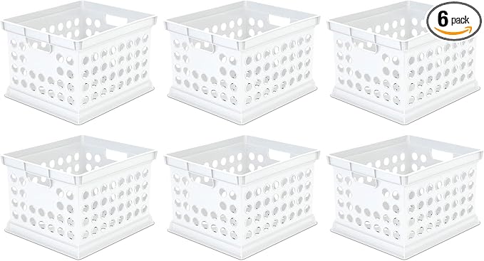 Sterilite Stackable Plastic Storage Crate Bin Organizer File Box with Handles for Home, Office, Dorm, Garage, or Utility Organization, White, 6-Pack