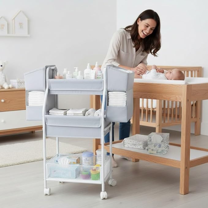 Moteph Rolling Utility Cart with Side Storage, 3-Tier Diaper Cart & Baby Caddy Organizer for Nursery Essentials, Bedside/Postpartum Nursing Cart, Craft & Art Storage Organizer, Rolling Book Cart