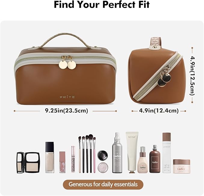 Prite Makeup Bag for Women Travel Waterproof Vegan Leather Cosmetic Bag Open Flat Toiletry Bag With Clear Divider and Handle (Dark Brown, Medium)