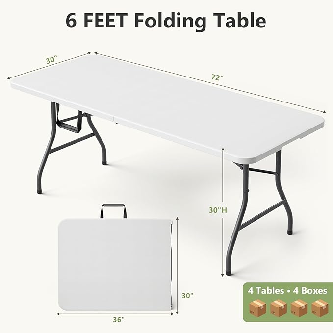 Folding Table 4 Pack, 6 FT Foldable Plastic Table with Carrying Handle, Heavy Duty Portable Fold-in-Half Utility Table for Party, Camping, Banquet, Craft, Wedding, Indoor & Outdoor Use