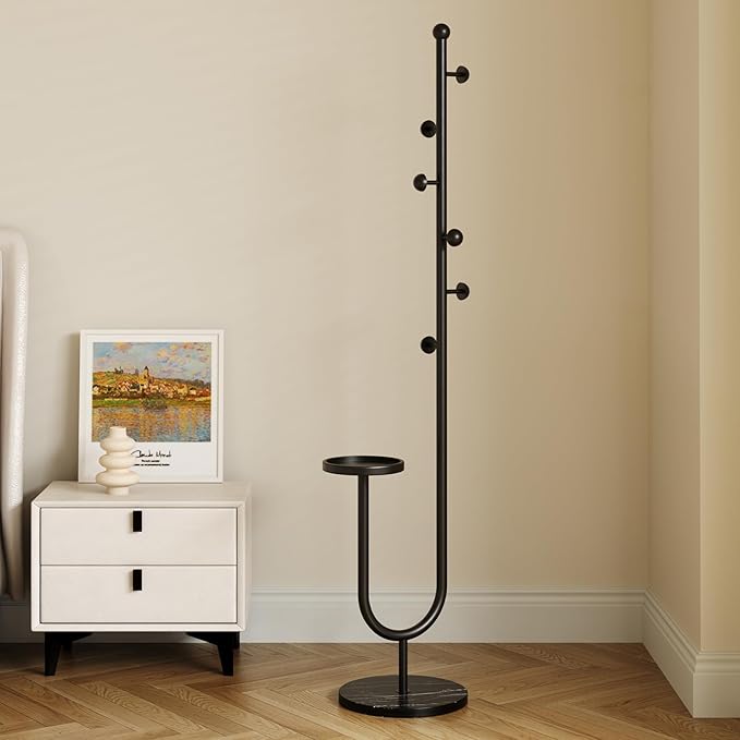 Coat Rack,Metal Free Standing Coat Stand with marble base, Hall Coat Tree with 6 Hooks and Storage Tray,68.9 Inch Tall, for Coats, Hats, Bags, for Entryway, Hallway, Bedroom