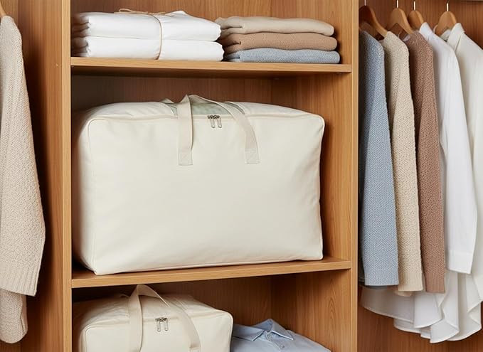 DoYiKe Soft Large Canvas Comforter Storage Bags with Four Carrying Handles and Clear Window, Closet Organizer for Clothing, Blankets Sheets Pillows and Bedding, 80L, Beige