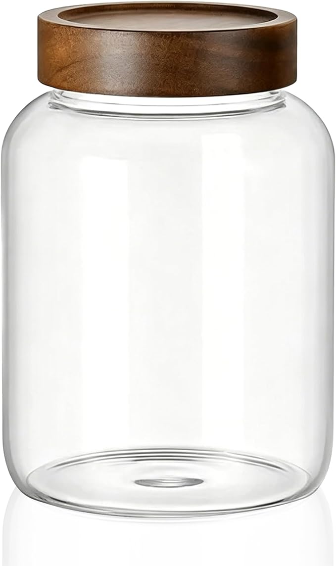 62 Fl oz/1850 ml Large Glass Jar with Wooden Screw On Lid, Half Gallon Wide Mouth Clear Airtight Container, Big Food Kitchen Storage Canister for Bean,Cereal,Treat,Pickle,Flour,Rice,Cookie