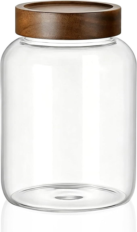 62 Fl oz/1850 ml Large Glass Jar with Wooden Screw On Lid, Half Gallon Wide Mouth Clear Airtight Container, Big Food Kitchen Storage Canister for Bean,Cereal,Treat,Pickle,Flour,Rice,Cookie