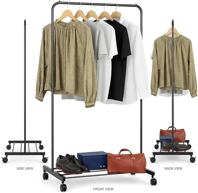 USTECH Heavy Duty Garment Rack with Sturdy Wheels | 450 lb Load Capacity | Adjustable Metal Clothing Anti-Slip Rack for Hanging Clothes, Lockable for Stability (Single Rod)