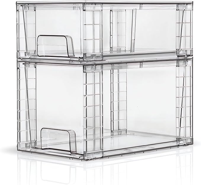 Clear Stackable Acrylic Storage Drawers(2 Pack), Plastic Organizer Bins with Handles, Easy Assembly for Bathroom Kitchen Pantry Cabinet Under Sink Snack Home Storage Solutions