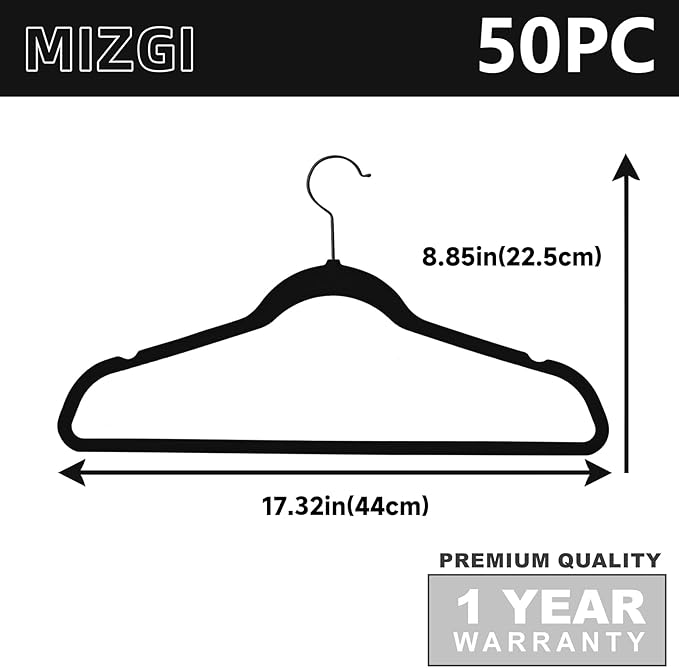 MIZGI Premium All Black Velvet Hangers with Black Hooks (50 Pack) Heavy Duty - Non Slip Felt Hangers - 360 Degree Swivel,Space Saving Clothes Hangers,Durable Strong Hangers for Suits,Coat