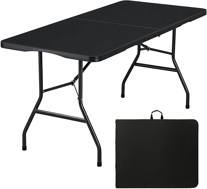 Lakhow Folding Table 6ft Heavy Duty Portable Plastic Fold-in-Half 6 Foot Foldable Table Indoor Outdoor with Parties, Camping Picnic,Folds in Half for Easy Storage, No Assembly Required, Black