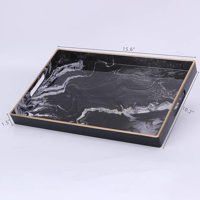 Decorative Tray, Marbling Plastic Tray with Handles, Rectangular Vanity Tray and Serving Tray for Bathroom, Kitchen, Ottoman and Coffee Table, 15.6” x 10.2”, Black
