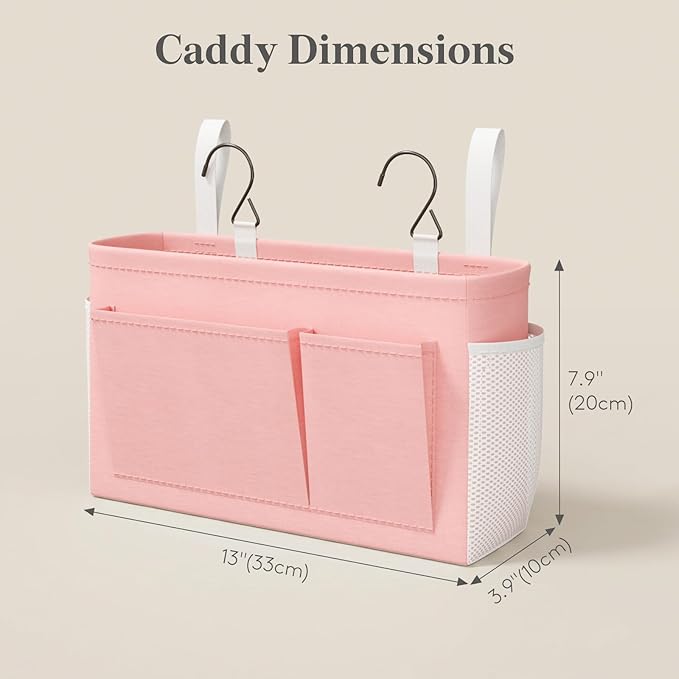 Lifewit Bedside Caddy Storage Organizer, Hanging Storage Bag with Fixed Straps, Book Remotes Holder for Home, College, Dorm, Bunk, Hospital, Crib Bed Rails, Pink