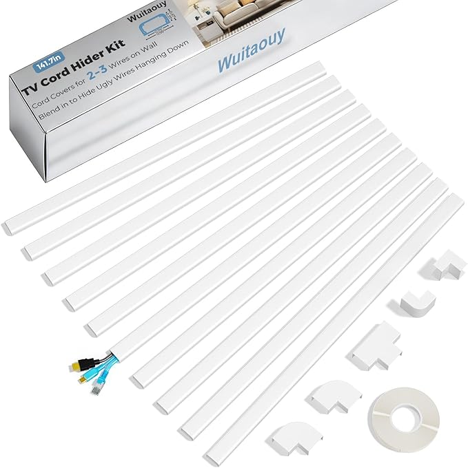 TV Cord Hider Wall, 141.7in Cord Covers for 2-3 Wires on Wall, Paintable Cable Hider Wire Covers for Cords on Wall, Self-Adhesive Cord Hider for Wall Mount Tv to Hide Cords, W0.94 H0.47in, White