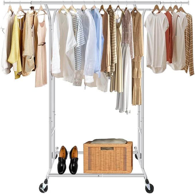 Fishat Silver Heavy Duty Double Rod Garment Clothes Rack for Hanging Clothes Chrome, Commercial Rolling Organizer Commercial Metal with Lockable Wheels Mobile for Coats Dresses