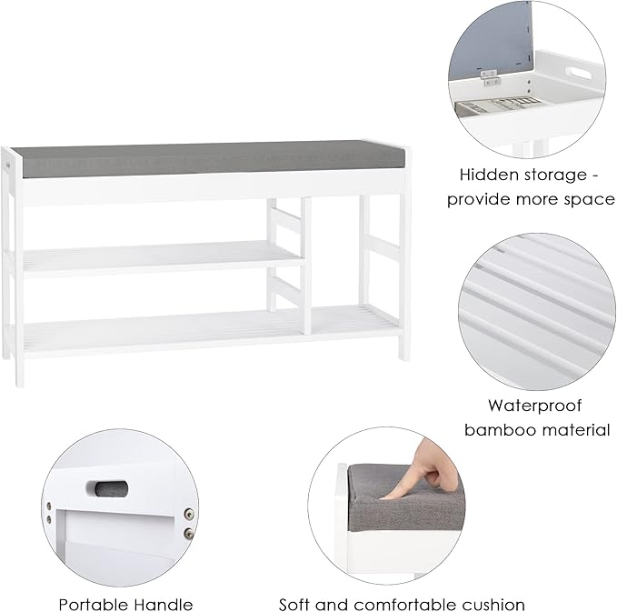 HIFIT 2-Tier Entryway Shoe Rack Bench with Storage, 36 in Bamboo Storage Bench with Padded Seat, Shoe Oiganizer Shelf for Entryway Mudroom Bathroom Hallway, White