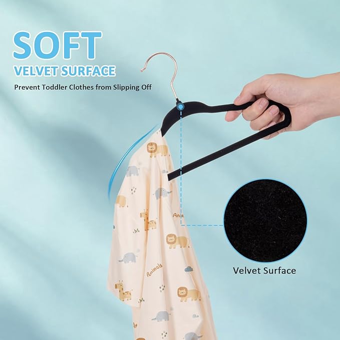 Tonswachic Baby Velvet Hangers 50 Pack - 11 Inch Premium Non Slip Felt Kids Hanger for Toddler & Infant Clothes - 0.2" Ultra Thin Baby Clothes Hangers with 10 Hanger Clips - Black