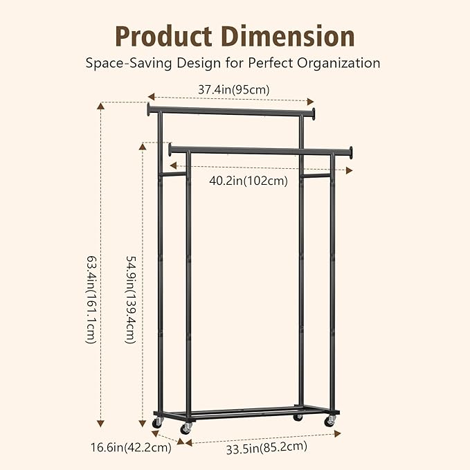 Clothes Rack,Rolling Clothing Rack for Hanging Clothes, Garment Rack Sturdy Clothing Rack Portable Wardrobe Rack Metal Closet Rack for Bedroom Laundry Living Room, Black