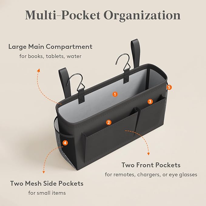 Lifewit Bedside Caddy Storage Organizer, Hanging Storage Bag with Fixed Straps, Book Remotes Holder for Home, College, Dorm, Bunk, Hospital, Crib Bed Rails, Black