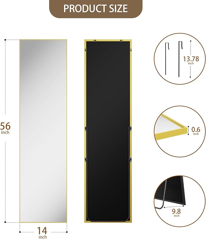 Antok Full Length Mirror, 56"x14" Floor Mirror with Stand, Hanging Mounted Mirrors for Bedroom, Living Room, Cloakroom, Dining Room, Gold, Rect