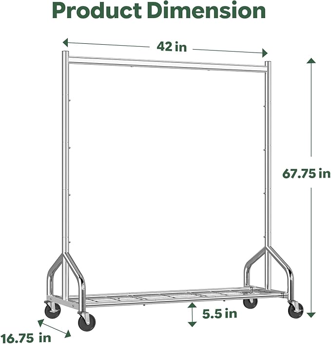 Simple Trending Heavy Duty Clothes Rack Load 420 LBS, Rolling Clothing Racks with Lockable Wheels, Metal Garment Rack for Hanging Clothes, Bedroom, Laundry Room, Silver