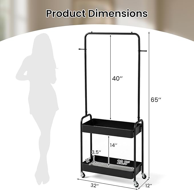 LDAILY Small Rolling Clothes Rack, Heavy Duty Clothing Rack with 2 Baskets, 4 Wheels for Hanging Clothes & Storage, Multi-Purpose Portable Closet for Bedroom, Living Room, Laundry, Small Space (Black)