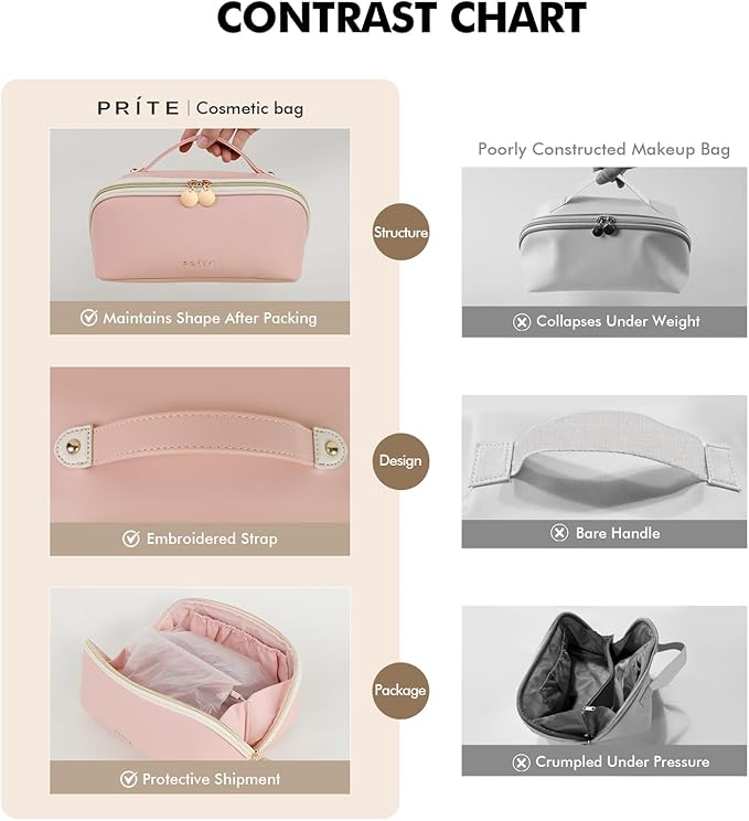 Prite Makeup Bag for Women Travel Waterproof Vegan Leather Cosmetic Bag Open Flat Toiletry Bag With Clear Divider and Handle (Pink, Large)