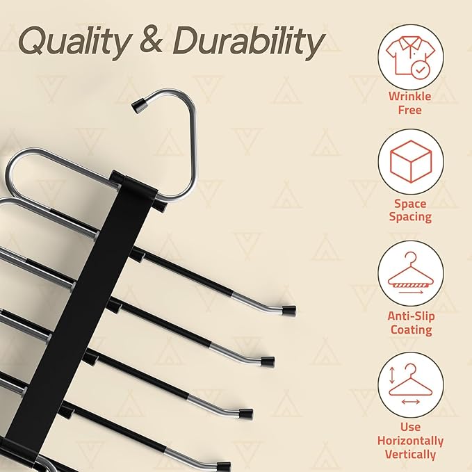 Black Space Saving Pants Hangers 1 Pack, 6 Layer Jeans Hangers and Closet Organizer for Jeans, Scarves, Skirts, Multi-Layer Hanger with Anti-Slip Coating & Stopper, Heavy-Duty S-Type Stainless Steel