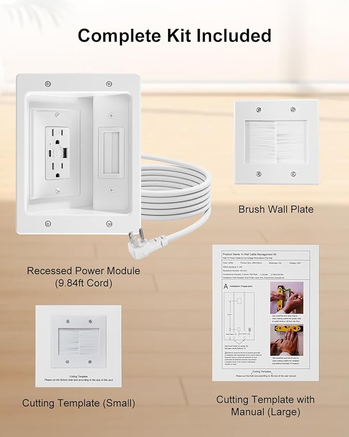 TV Cord Hider for Wall Mounted TV with Recessed Wall Outlet, in-Wall Cable Management Kit with 9.84ft Cord, DIY Installation Kit with Hardware, for Workspace Living Room (2AC + USB-A + USB C)