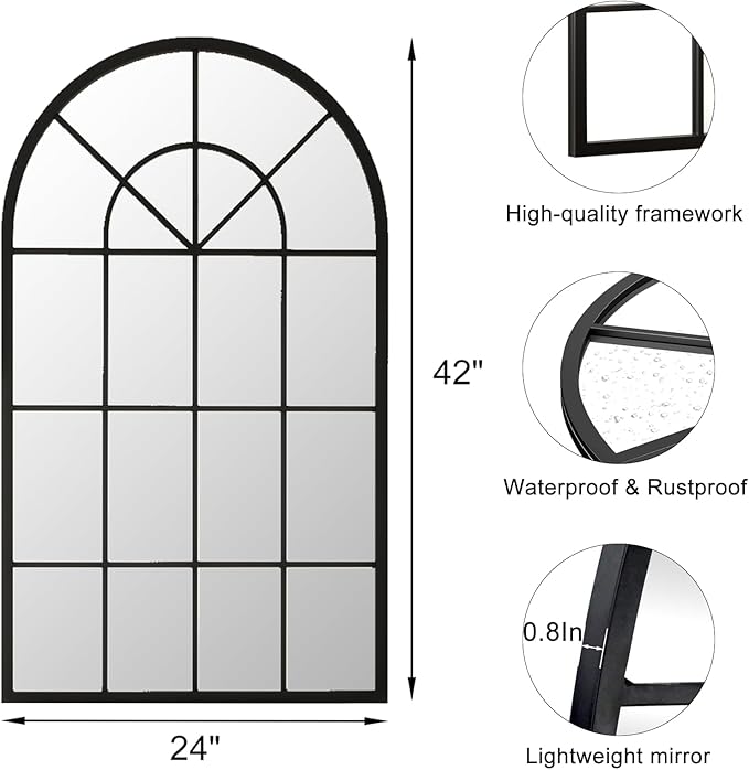 Dewfig Arch Wall Mirror Mounted Decorative, 24"x42", Arched Window Pane Mirror for Wall-Mounted for Entryway, Bathroom Vanity, Living Room or Bedroom, Iron Frame, Black