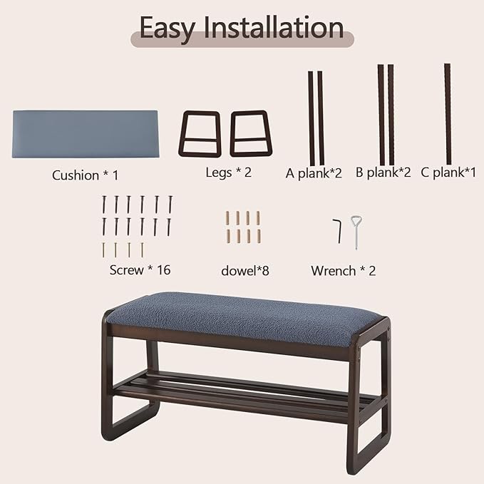 Achicsofar Shoe Rack Bench,2 Tier Solid Wooden Entryway Bench with Shoe Storage, Shoe Rack with Cushion for Living Room, Hallway(Grayish Blue, 31.5")