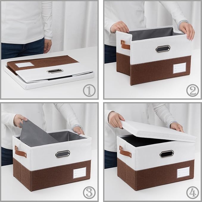 PRANDOM Foldable Storage Bins with Lids [3-Pack] Fabric Collapsible Storage Boxes Baskets Cubes Containers with Handles for Closet Living Room Bedroom (Brown & White 14.9x9.8x9.8'')