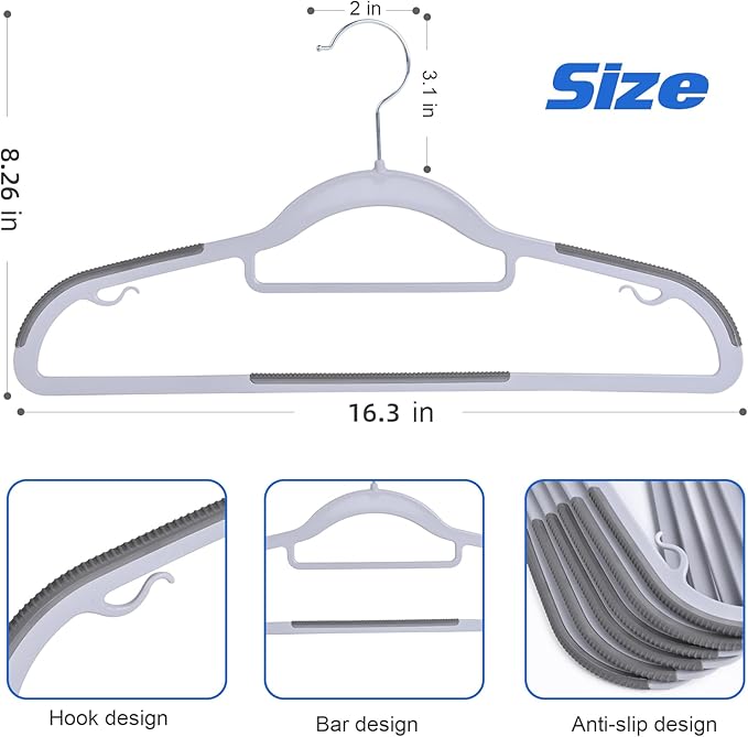 Heavy Duty Standard Plastic Hangers 50 Pack with Non-Slip Design,360°Swivel Hook Space Saving Organizer for Bedroom Closet,Shirts,Pants,Strong Enough for Coat(Grey)
