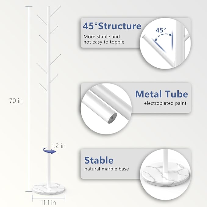 Durmmur Heavy Duty Coat Rack with Natural Marble Base, Freestanding Metal Coat Stand with 8 Hooks, Modern Stable Coat Hanger Tree for Bags, Jacket, Clothes, and Hats, White Metal