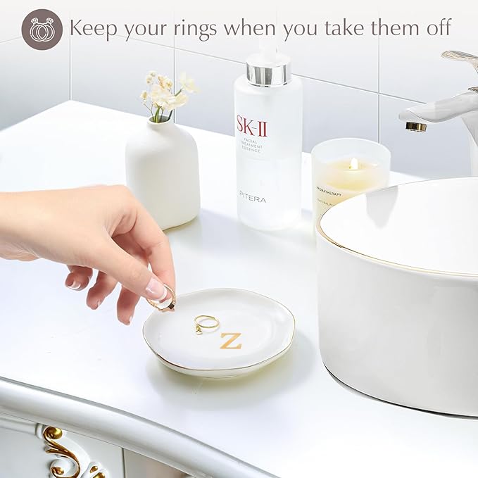 ProCase Ceramic Jewelry Tray, Initial Ring Dish Trinket Plate Engagement Gift, Small Personalized Monogram Ring Bowl for Wedding, White Decorative Jewelry Holder for Women Vanity -Letter Z