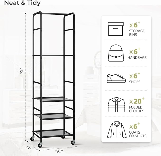 Easi 72" Tall Small Clothes Rack for Small Space, Narrow Rolling Garment Rack with 3-Tier Vinyl Shelves, Lightweight Stable Clothing Rack for Apartment, Bedroom, Laundry Room & Dorm, Black